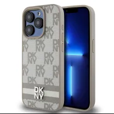 DKNY PU bőrből készült kockás minta és csíkos tok iPhone 13 Pro Max Bézs