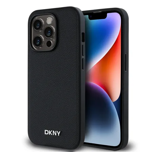 DKNY PU Bőr Ezüst Fém Logós Magsafe Tok iPhone 14 Pro-hoz Fekete