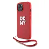 DKNY PU bőr Stack Logo csuklópántos tok iPhone 13-hoz piros - 0. kép