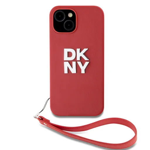 DKNY PU bőr Stack Logo csuklópántos tok iPhone 13-hoz piros