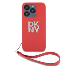 DKNY PU bőr Stack Logo csuklópántos tok iPhone 14 Pro piros