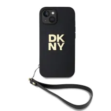 DKNY PU bőr Stack logós csuklópántos tok iPhone 14-hez fekete