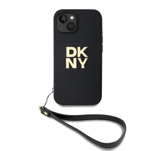 DKNY PU bőrből készült Stack Logo csuklópántos iPhone 15 tok fekete