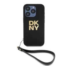 DKNY PU Bőr Stack Logo Csuklópántos tok iPhone 14 Pro Fekete