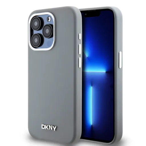 DKNY Liquid Silicone Silver Metal Logo MagSafe tok iPhone 15 Pro Grey