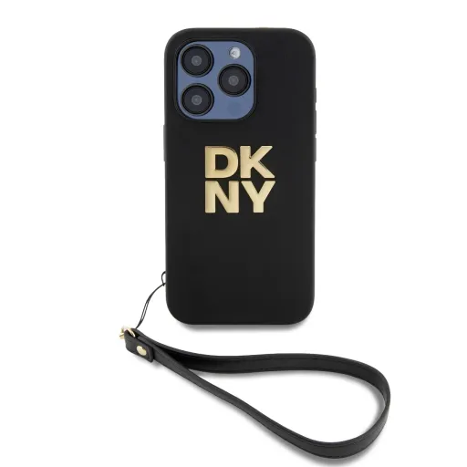 DKNY PU bőr logós karkötőpántos tok iPhone 15 Pro-hoz fekete