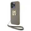 DKNY PU bőr Stack Logo csuklópántos tok iPhone 15 Pro Bézs - 0. kép