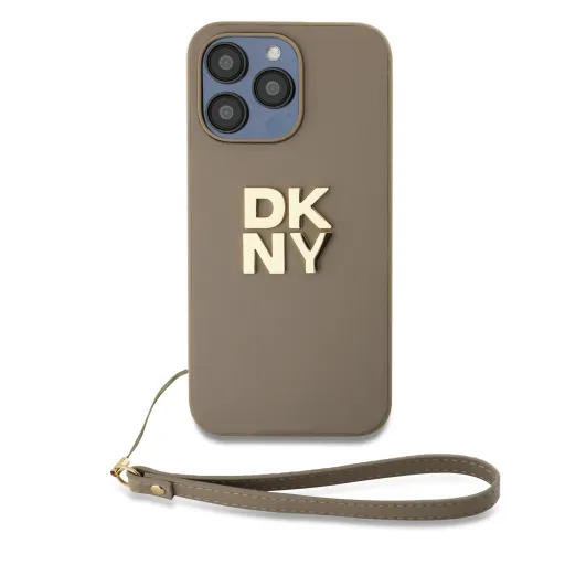 DKNY PU bőr Stack Logo csuklópántos tok iPhone 15 Pro Bézs