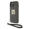 DKNY PU bőr Stack Logo csuklópántos tok iPhone 13-hoz barna - 0. kép