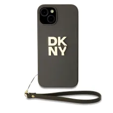 DKNY PU bőr Stack Logo csuklópántos tok iPhone 13-hoz barna