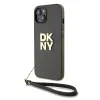 DKNY PU bőr Stack Logo csuklópántos tok iPhone 15-höz barna - 0. kép