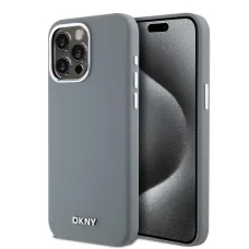 DKNY Liquid Silicone Ezüst Fém Logó MagSafe iPhone 15 Pro Max Tok Szürke