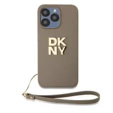 DKNY PU bőr Stack Logo csuklópántos tok iPhone 14 Pro Max Bézs