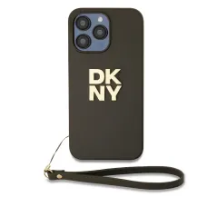 DKNY PU bőr Stack Logo csuklópántos tok iPhone 15 Pro-hoz Barna