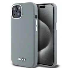 DKNY Liquid Silicone Silver Metal Logo MagSafe tok iPhone 15 szürke