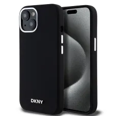 DKNY Liquid Silicone Silver Metal Logo MagSafe tok iPhone 15-höz fekete