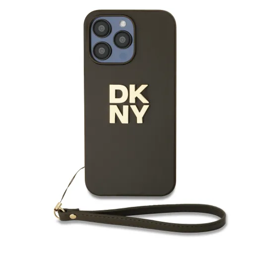 DKNY PU Leather Stack Logo csuklópántos tok az iPhone 15 Pro Max számára Barna