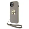 DKNY PU bőrből készült logós csuklópántos tok iPhone 15-höz, bézs - 0. kép