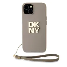 DKNY PU bőrből készült logós csuklópántos tok iPhone 15-höz, bézs