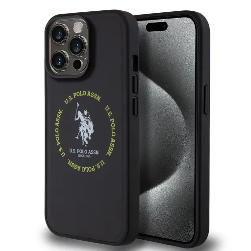 U.S. Polo PU bőr nyomtatott kerek Double Horse MagSafe tok iPhone 15 Pro fekete