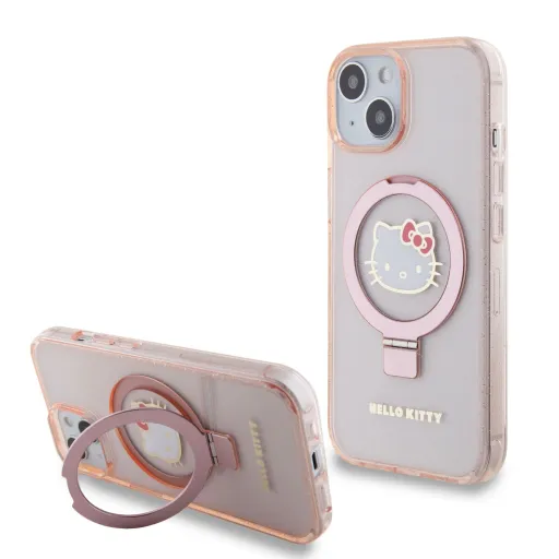 Hello Kitty IML Ringstand Csillogó Kitty Fej Logó MagSafe tok iPhone 15 Pink
