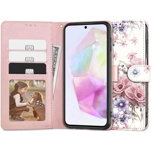 Tech-Protect Wallet tok Samsung Galaxy A35 5G - rózsaszín virágok Tech-Protect Wallet tok Samsung Galaxy A35 5G - rózsaszín virágok