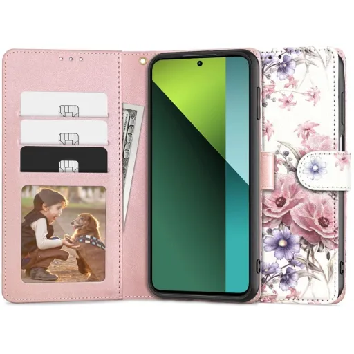 Tech-Protect Wallet tok Xiaomi Redmi Note 13 Pro 5G / Poco X6 5G - rózsaszín virágok Tech-Protect Wallet tok Xiaomi Redmi Note 13 Pro 5G / Poco X6 5G - rózsaszín virágok