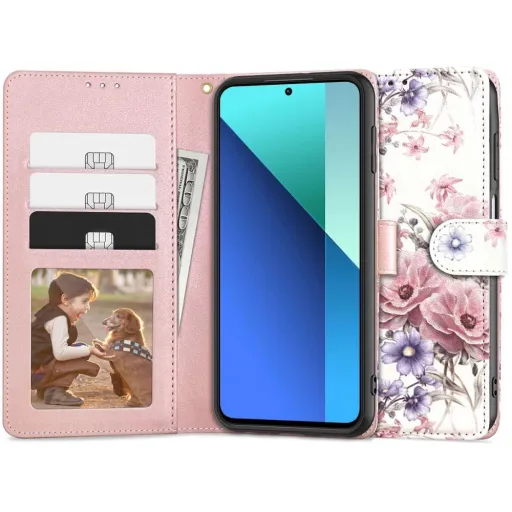 Tech-Protect Wallet tok Xiaomi Redmi Note 13 4G / LTE - rózsaszín virágos Tech-Protect Wallet tok Xiaomi Redmi Note 13 4G / LTE - rózsaszín virágos