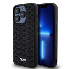 DKNY 3D Gumiból készült ismétlődő mintás tok iPhone 15 Pro számára - fekete