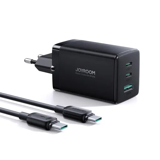 Joyroom gyors GaN töltő 65W USB-A, 2x USB-C fekete + USB-C - USB-C kábel 100W 1.2m (TCG01)