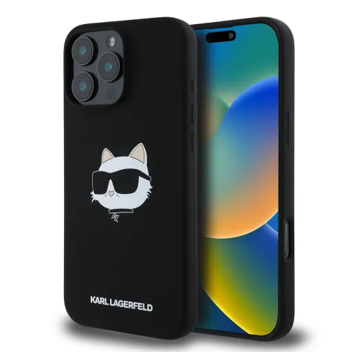 Karl Lagerfeld Folyékony Szilikon Choupette Fej MagSafe tok iPhone 16 Pro Fekete