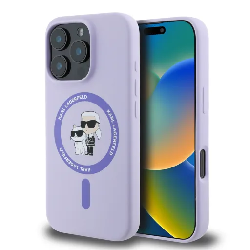 Karl Lagerfeld Liquid Silicone Karl and Choupette MagSafe tok iPhone 16 Pro lila