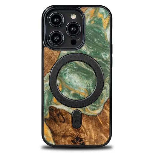 Bewood Egyedi MagSafe Víz Elem Fa és Gyanta Tok iPhone 15 Pro - Zöld és Fehér Tok