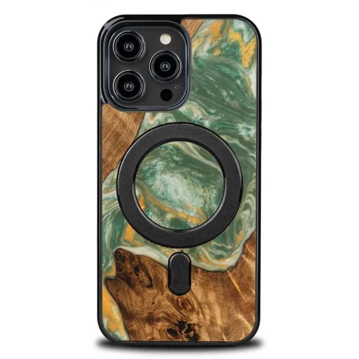 Bewood Unique MagSafe Víz Eleme Fa és Gyanta Tok iPhone 15 Pro Max készülékhez - Zöld és Fehér