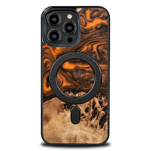 iPhone 15 Pro Max MagSafe Bewood Egyedi Narancssárga Fa és Gyanta Tok - Narancssárga és Fekete