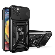 Hybrid Armor Camshield tok állvánnyal és kamerafedéllel iPhone 15-höz - fekete