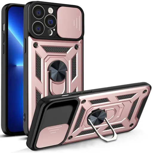 Hibrid Páncél Camshield tok iPhone 13 Pro Max kameravédős páncéltok rózsaszín