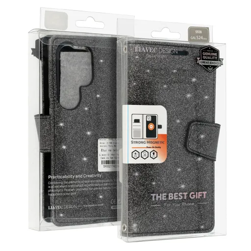 Liavec Glitter Magsafe fliptok Samsung Galaxy S23 fekete tok