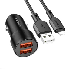 Borofone autós töltő BZ19 Wisdom - 2xUSB - 12W USB - villám csatlakozóval fekete