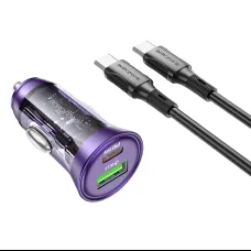 Borofone BZ26A Shadow autós töltő - USB + Type C - PD 43W 3A Type C to Type C kábellel átlátszó-lila