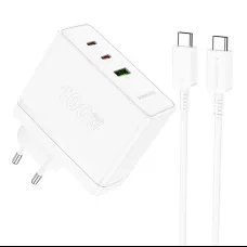 Borofone hálózati töltő BN11 Imperial - USB + 2xType C - QC 3.0 PD 100W Type C - Type C kábellel fehér