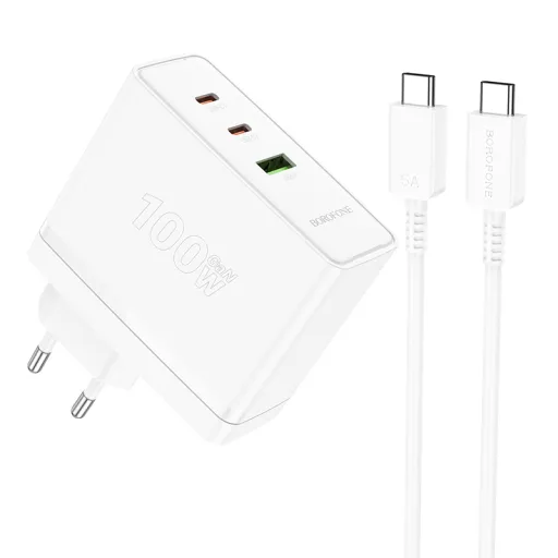 Borofone hálózati töltő BN11 Imperial - USB + 2xType C - QC 3.0 PD 100W Type C - Type C kábellel fehér