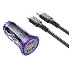 Borofone autós töltő BZ26A Shadow - USB + Type C - PD 43W 3A Type C - Lightning kábellel áttetsző-lila