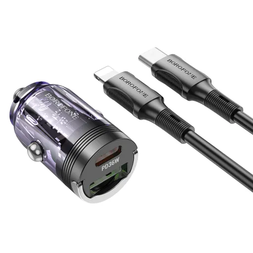 Borofone autós töltő BBZ29A Talented - USB + Type C - QC 3.0 PD 36W 3A Type C to Lightning kábellel átlátszó-lila