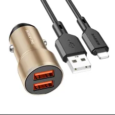 Borofone BZ19 Wisdom autós töltő - 2xUSB - 12W USB-Lightning kábellel arany