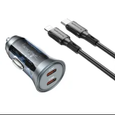 Borofone autós töltő BZ26B Discovery - 2xType C - PD 45W 3A Type C to Lightning kábellel átlátszó-kék