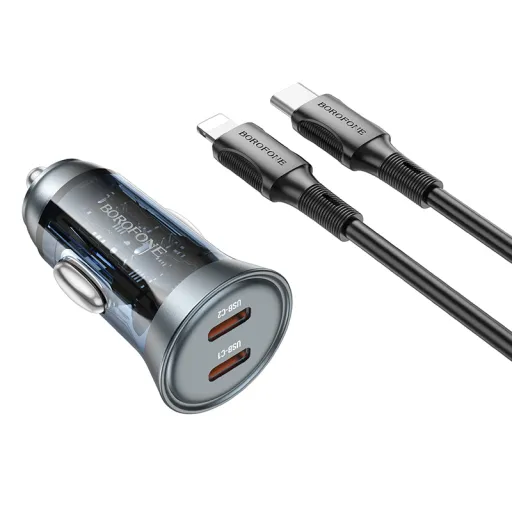 Borofone autós töltő BZ26B Discovery - 2xType C - PD 45W 3A Type C to Lightning kábellel átlátszó-kék