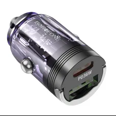 Borofone Autós töltő BZ29A Talented - USB + Type C - QC 3.0 PD 36W 3A átlátszó-lila
