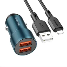 Borofone autós töltő BZ19 Wisdom - 2xUSB - 12W USB-Lightning kábellel kék