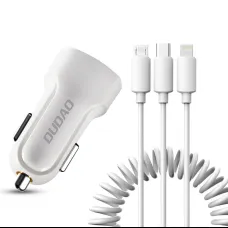 Dudao szivargyújtós töltő 2xUSB 2.4A és 3in1 lightning/ Type-C/ micro USB kábel fehér